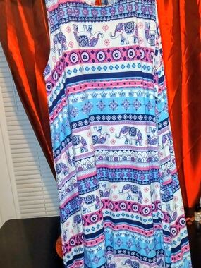 Bobbie Brooks White, Blue & Pink Elephant Print Midi Dress
